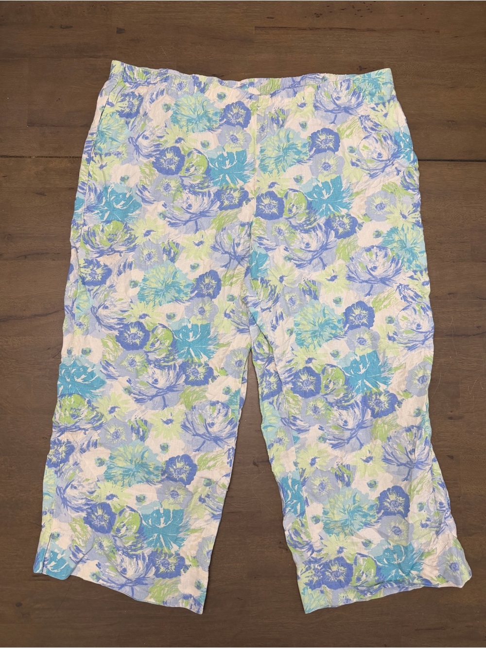 J Jill Women’s Linen Cropped Pull On Pants Floral Blue Size Large Pet w/ Pockets